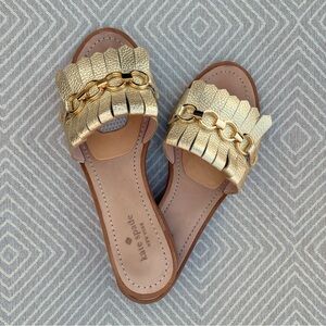 Kate Spade Brie Kiltie Fringe Leather Metallic Gold Chain Sandals